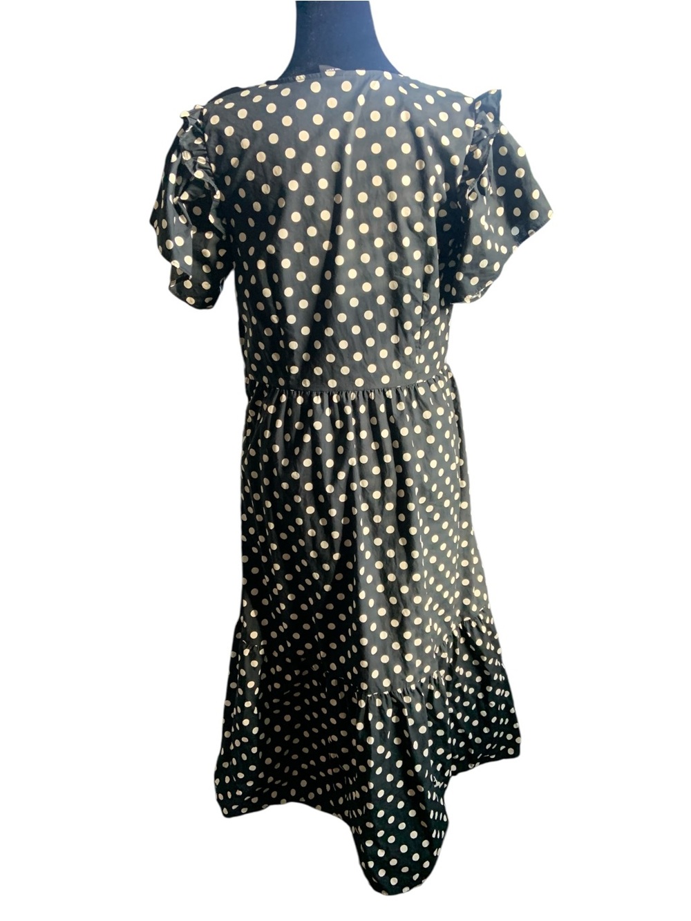 Who What Wear Black Cotton Cream Polka Dots Dress Pockets V Tie Neck M Spring - Picture 3 of 8
